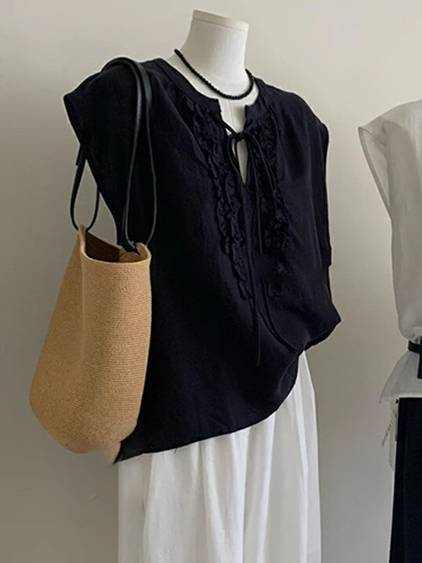 

Casual Loose Sleeveless Doll Shirt Women's plus Size Summer Breathable Black Small Shirt Wooden Casual Style Fashionable