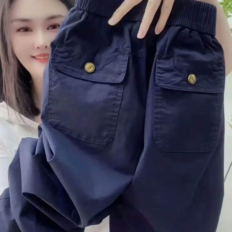 Fashion Casual Pants Women's Spring Summer 2027 Loose Thin High Waist Trousers Feminine Elastic Pockets Wild Harun Cropped Pants