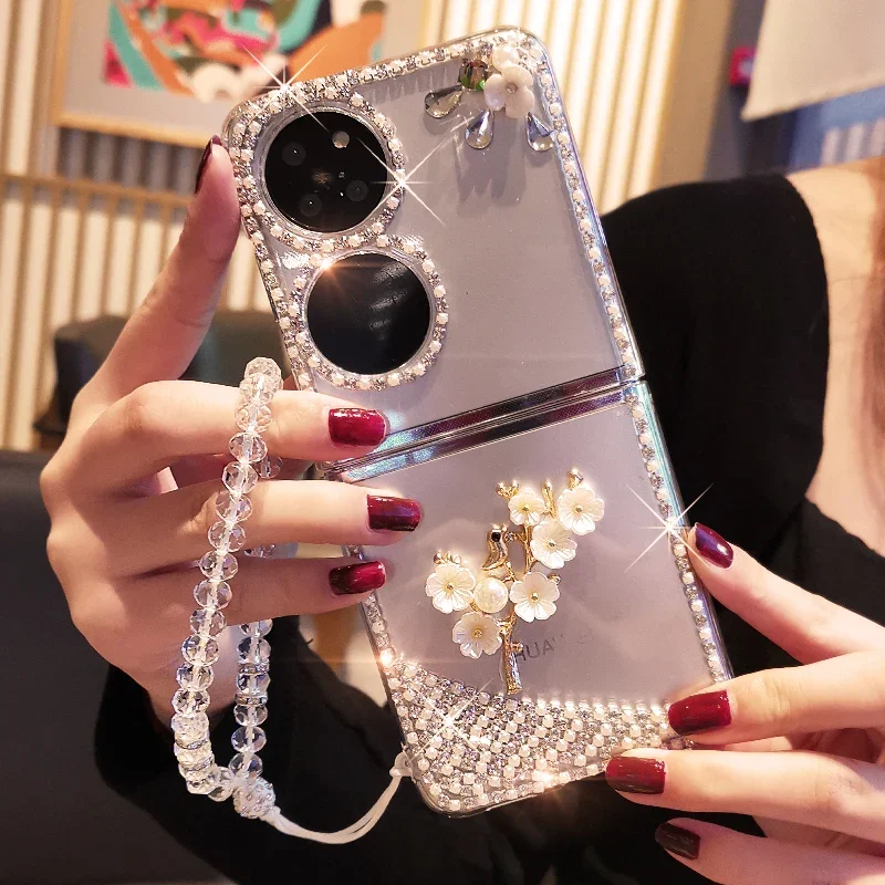 For Huawei P50 Pocket Phone Case Luxury Cherry Blossom Jewelry Case for Huawei P50 Folding Screen Edge Diamond Protective Case