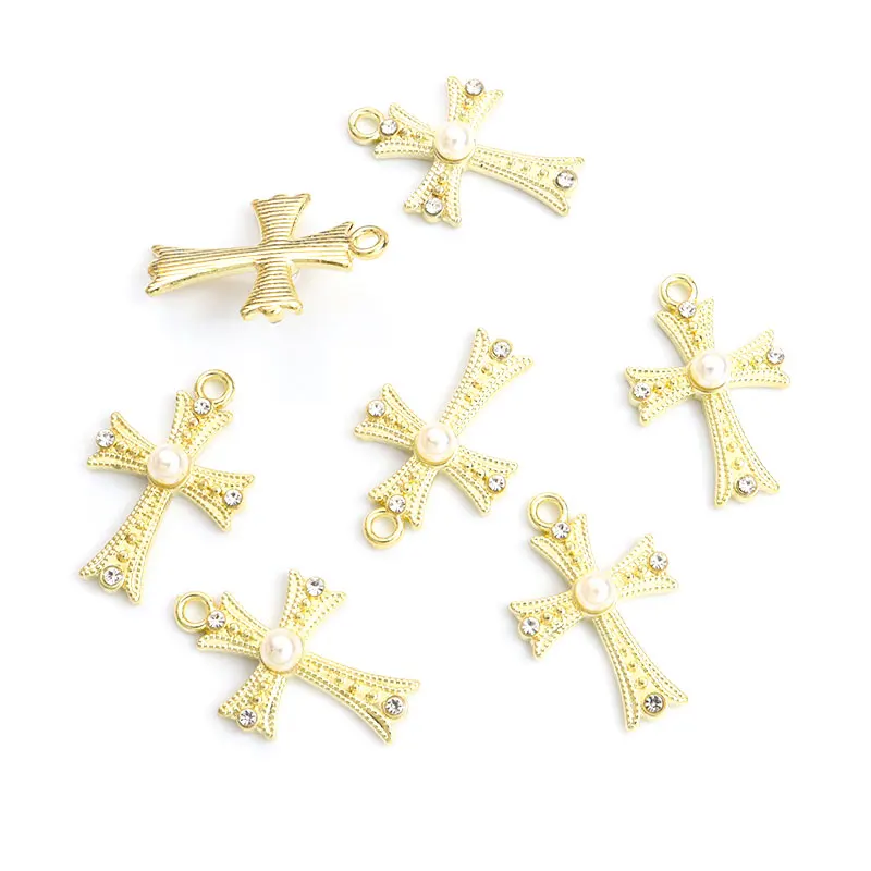 10pcs Trendy Cross Rhinestones Pearl Charms 2 Colors Metal Crystals Crucifix Pendant for DIY Handmade Catholic Christian Jewelry