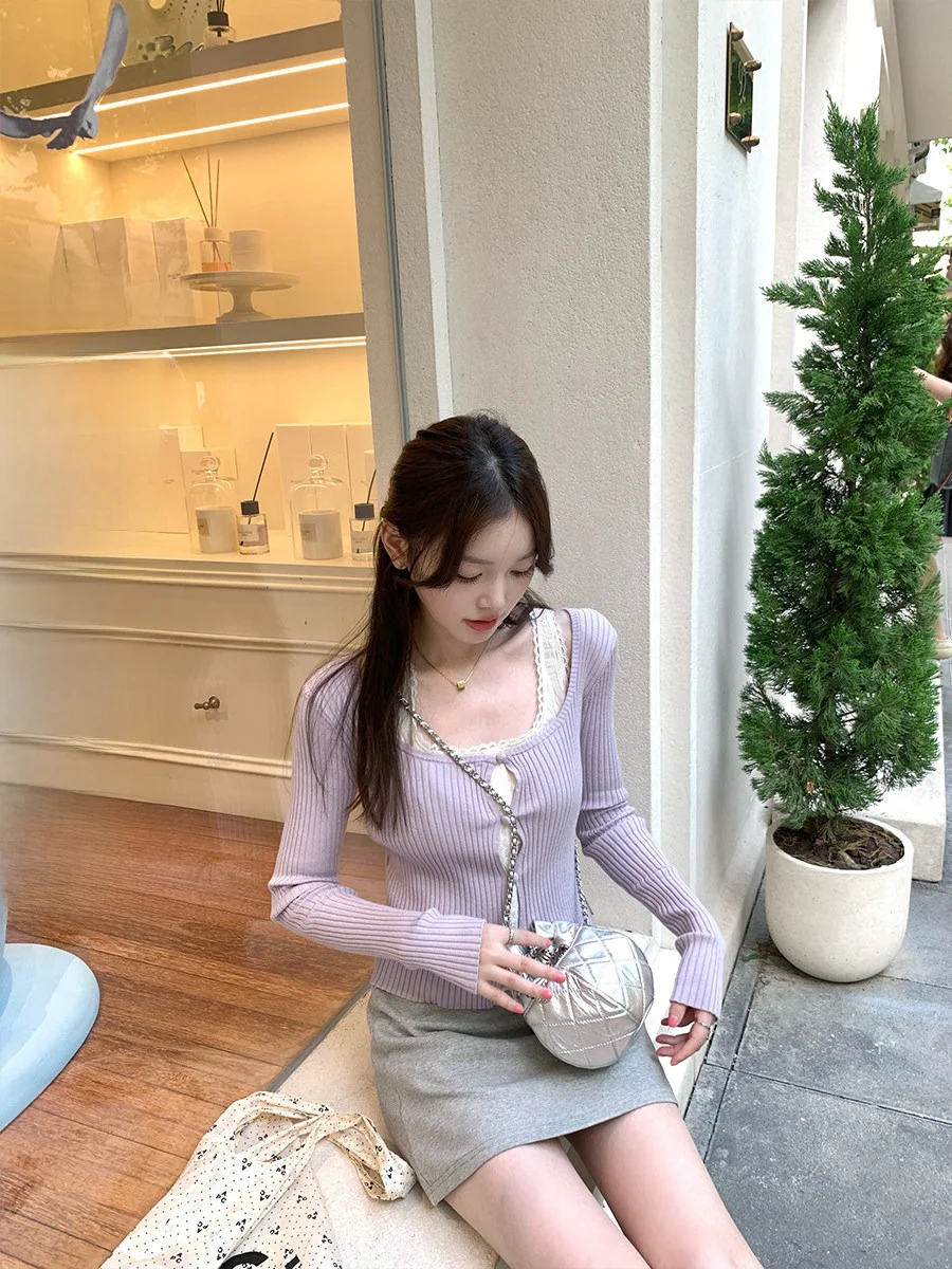 

Женский вязаный свитер AHY с кружевной отделкой, плотный, для ранней осени, повседневный, свободного кроя, с круглым вырезом, в стиле Pure Desire