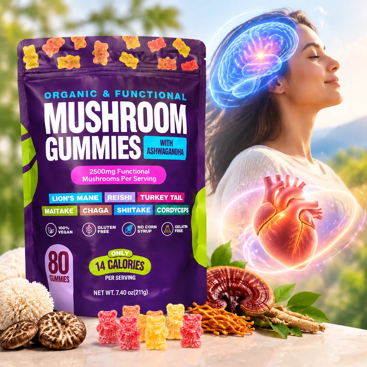 Mushroom Gummies Boost Immunity and Maintain Cardiovascular Health Focus Cognitive Calm Lion's Mane Ashwagandha Reishi 80pcs