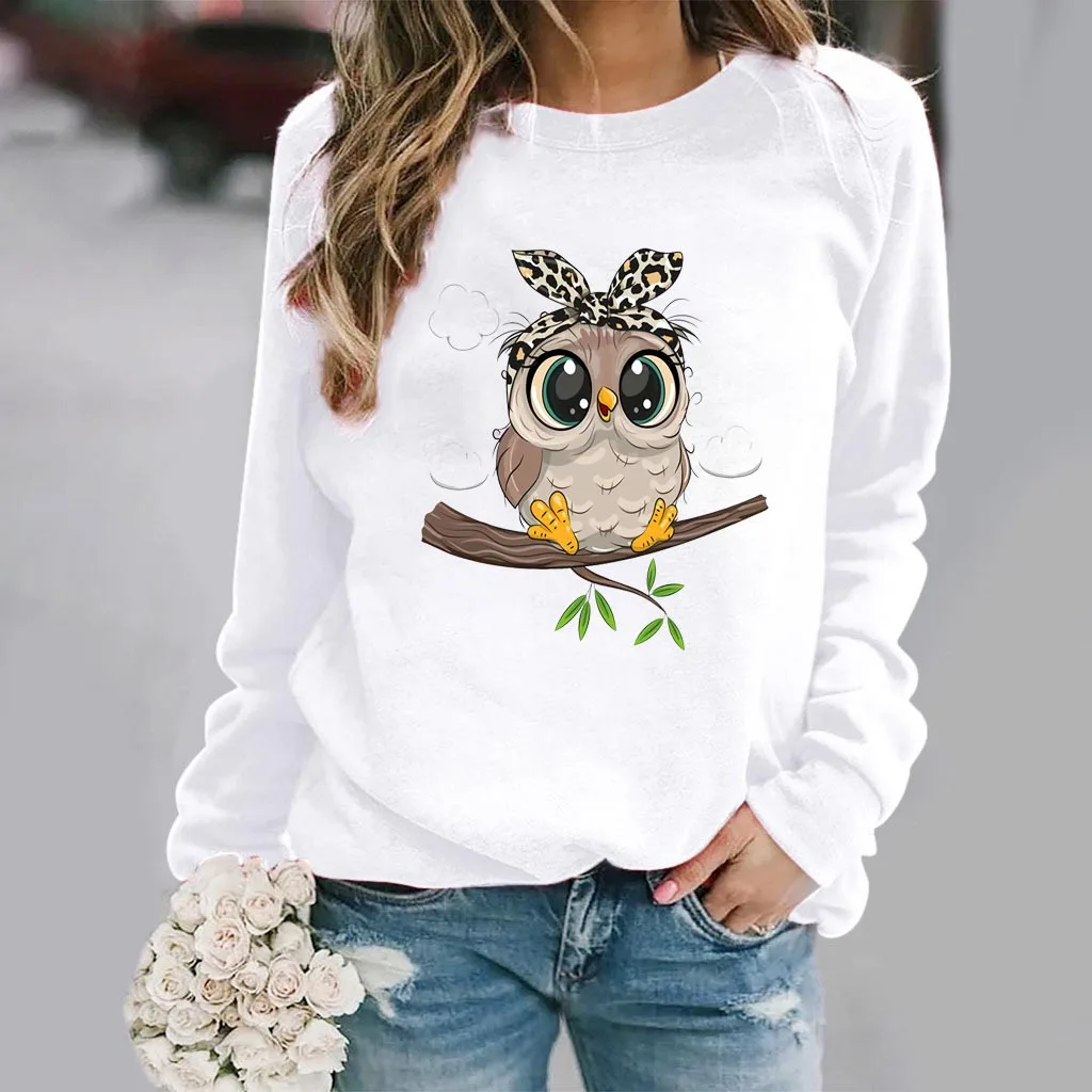 Women\'s Slim-fit Hoodie Fashion Owl Print White Long-sleeved Base Shirt for Women Sweatshirt  Aesthetic  Sweatshirts  Clothes