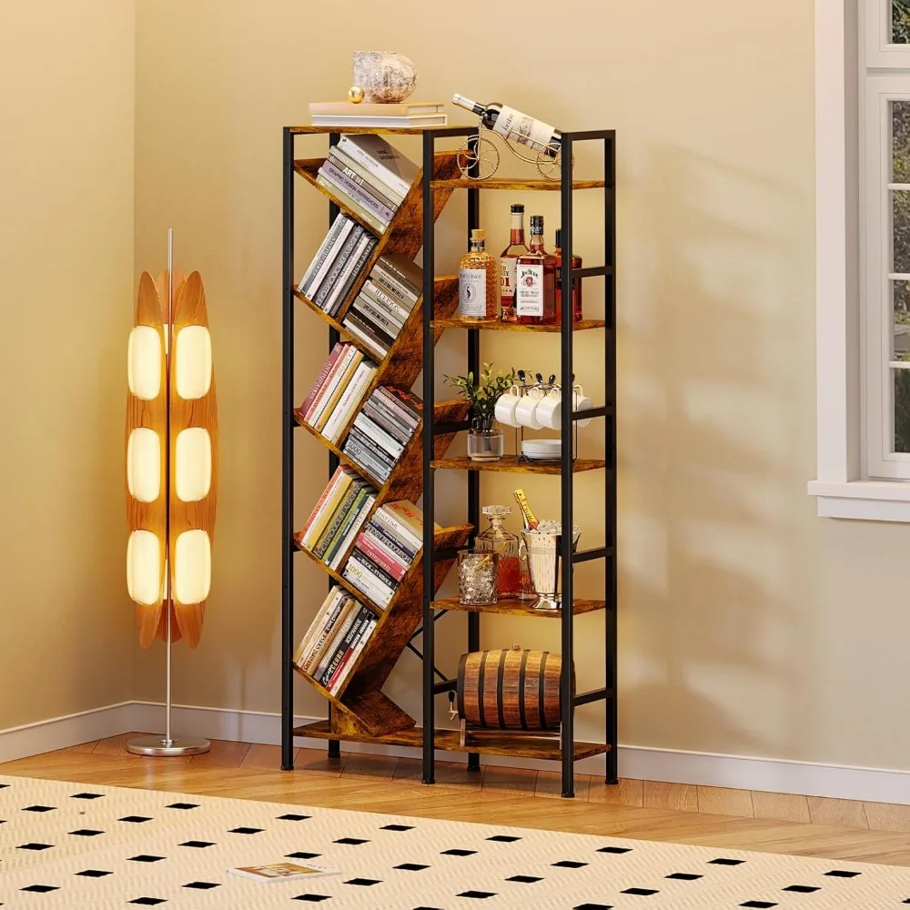 رف كتب خشبي عريض مكون من 5 طبقات - تخزين على الطراز الصناعي مع 14 رفًا، وخزانة كتب كبيرة عتيقة #4