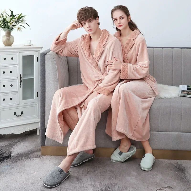 

New Women's Coral Fleece Nightgown Spring Long Sleeved Lace Up Pajamas Home Wear Long Thick Flannel Couple Bathrobe 2025