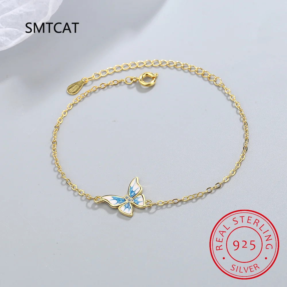 

Real 925 Sterling Silver Girls Blue Butterfly Chain Bracelet for Daugther Girl Gift Women Wedding Jewelry DS3430