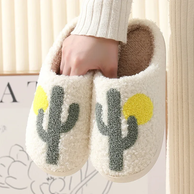 Winter Womens' Slippers Home Funny Warm Slippers for Woman Man Plush Slippers Cute Cactus Non Slip Winter Shoes for Couple Shoes