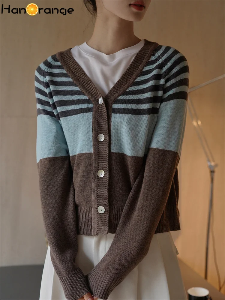 HanOrange 2024 Winter Casual  V-neck Contrast Stripe Wool Sweater Cardigan Women Comfortable Knitted Top Female Blue Coffee