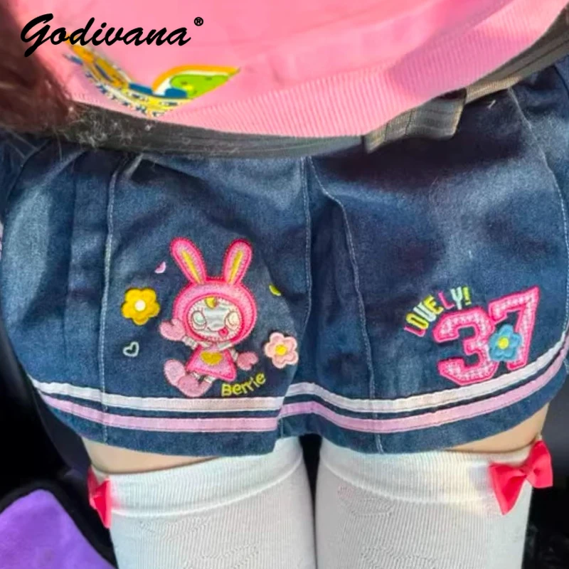 Sweet Little Girls Denim Mini Skirt 2026 New Kids Cute Cartoon Embroidery Elastic Waist Most Versatile Soft Pleated Skirts