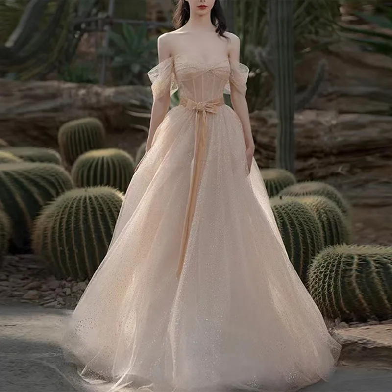 

Elegant Evening Dress Glitter A-Line Sweetheart Sweep Train Off the Shoulder Sashes Lace Up Slim Formal Wedding Prom Party Gowns