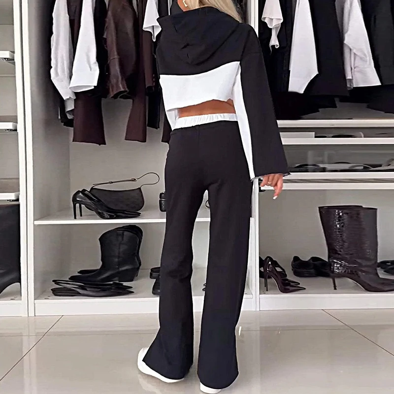 Casual Color Block Two Piece Set Women Fall Crop Top Hooded Sweatshirt Tie-up Split Pant Outfit Winter Long Sleeve Straight Suit