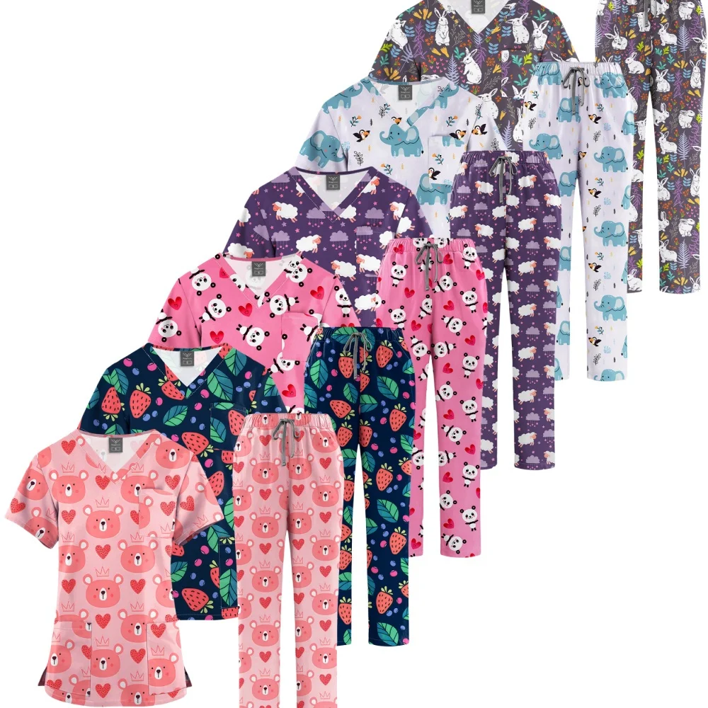 Women's 2026 V-Neck Scrub Top with Cartoon Print Breathable Nurse Uniform Set