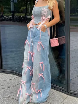 Tasarımcı Yay Yüksek Bel Kadın Kot Geniş Bacak Kot Pantolon Kadın Yıkanmış Cepli Kot Şalvar Kot Pantolon