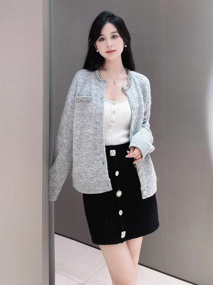 Hochwertiger, gestrickter, mit Diamanten bestickter, offener Cardigan für Damen, Herbst-Design-Sensation, handgefertigte Luxus-Faion-Oberbekleidung