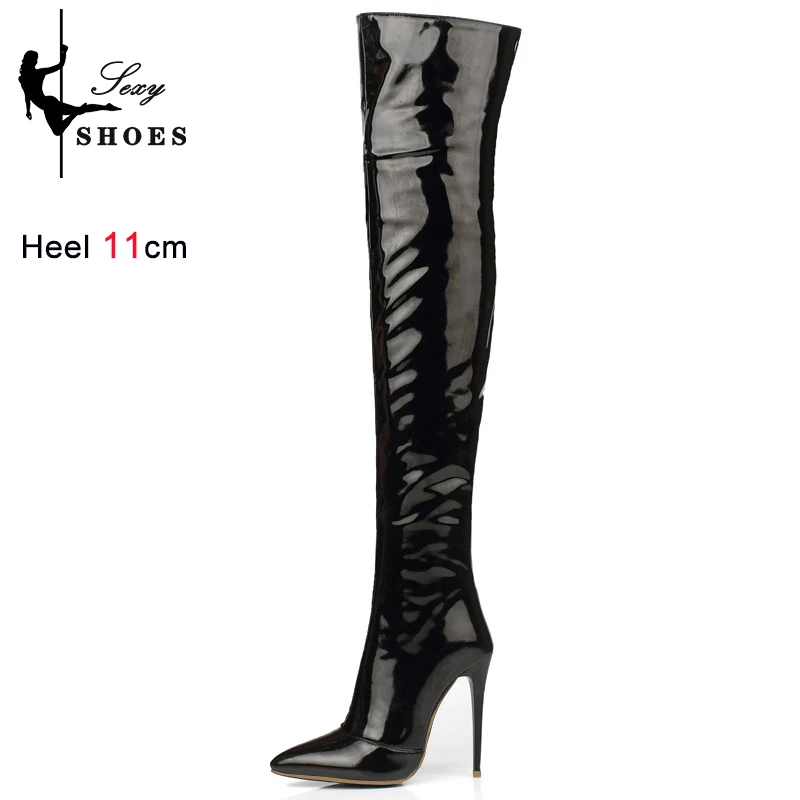 Autumn Over-the-Knee Stretch Boots Patent Leather Pointed Toe Zipper 11cm Thigh High Boots Sexy Shoes for Women Stripper Shoes