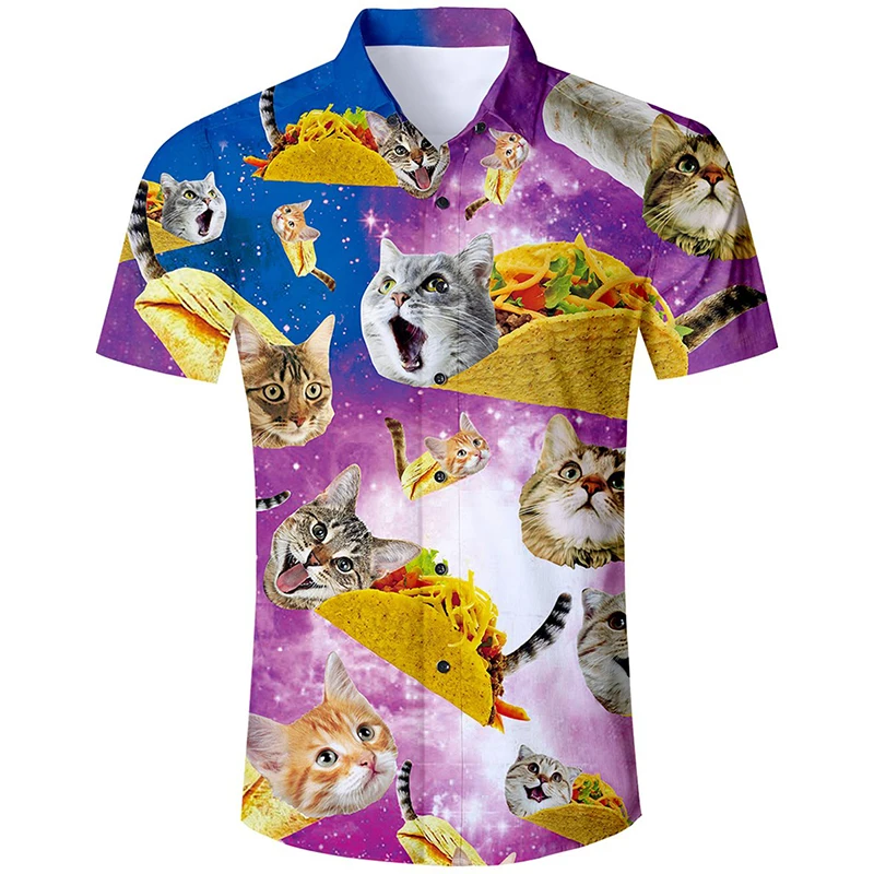 Mens Casual Button Down Shirts 3D Printed Funny Cat Pattern Short Sleeve Tee Shirt Tops Oversized Mens Hawaii Style Beach Shirt