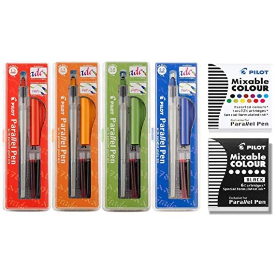 

Набор параллельных каллиграфических ручек 1,5 мм, 2,4 мм, 3,8 мм и 6 мм с комплектом чернильных картриджей, плюс 1 дополнительный набор из 12 сменных стержней ASST и 1 дополнительный набор из 12 сменных стержней ASST.