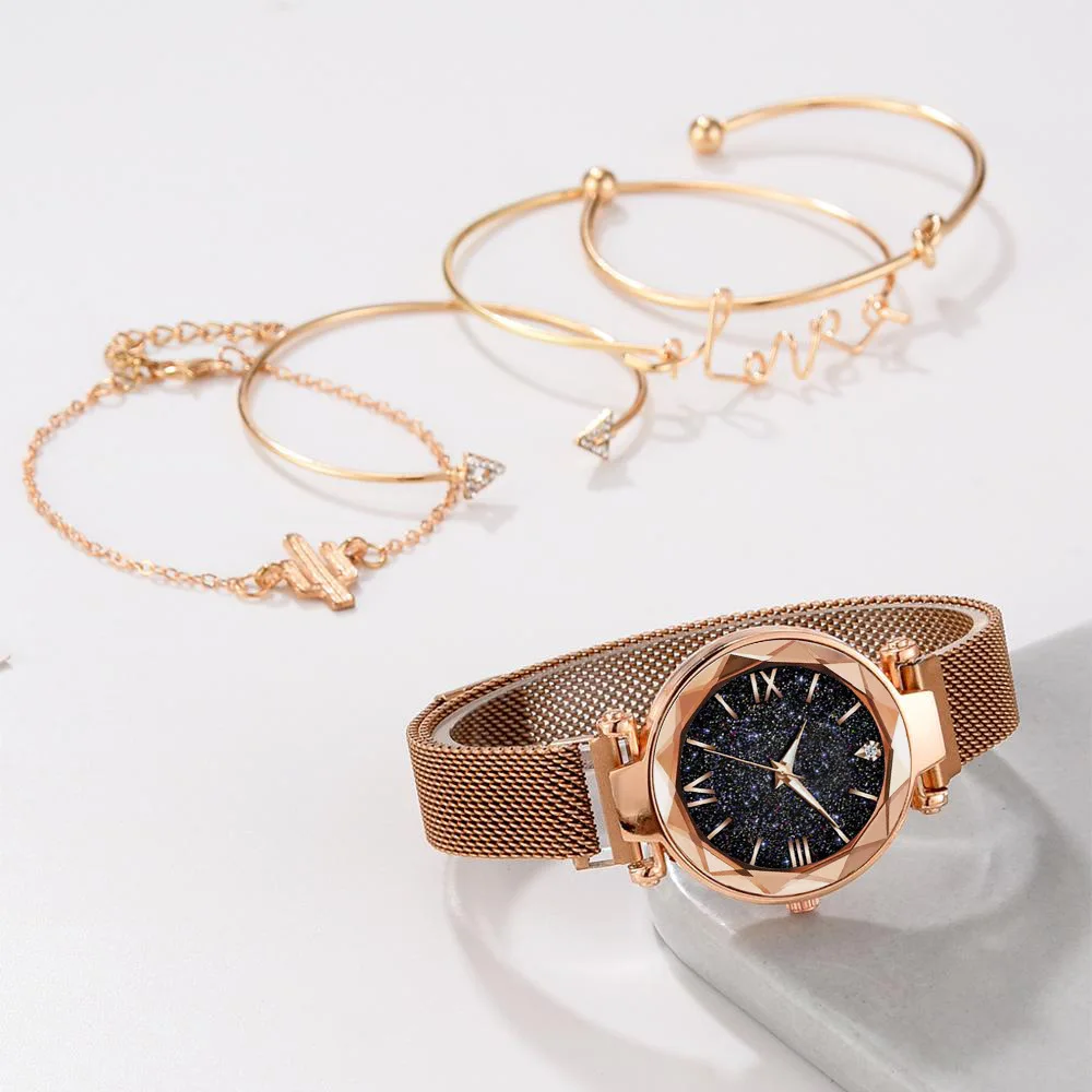 Luxury Brand Rose Gold Starry Sky Dial Watches Women Ladies Crystal Bracelet Quartz Wrist Watch 5 PCS Set  watch women brand