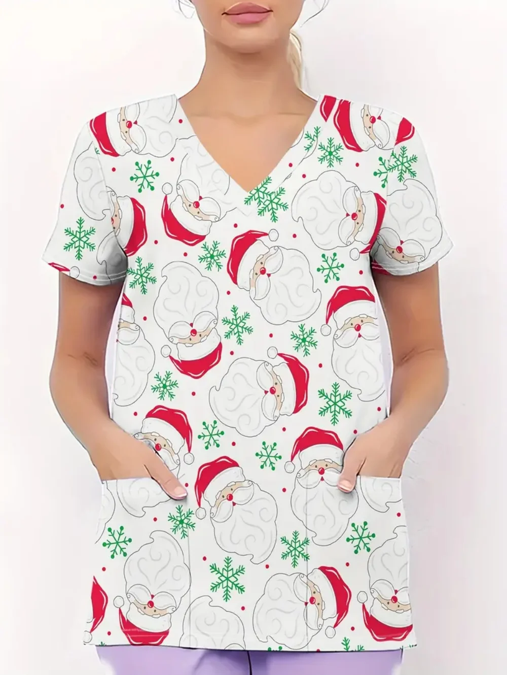 Świąteczne uniformy medyczne damskie, uroczy nadruk z kreskówkami, letni styl, krótki rękaw, z kieszeniami, odzież medyczna dla kobiet.