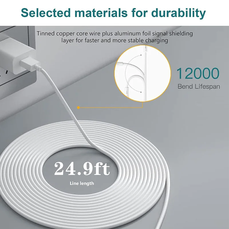 كابل شحن خارجي مقاوم للطقس بطول 32.8 قدم/10 أمتار، مع ضوء للتنفس، كابل شحن أكثر سمكًا لكاميرات Arlo Pro 5S 2K، Pro 4، Pro 3، Floodlight، Ultra 2، Ultra، وGo 2
