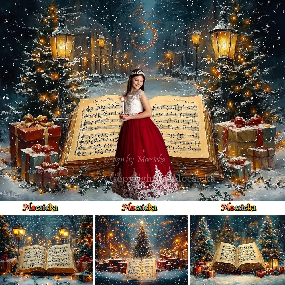 Christmas Eve Photography Background Street Streetlight Storybook Snowflake Backdrop Winter Xmas Tree Gift Photobooth for Kids