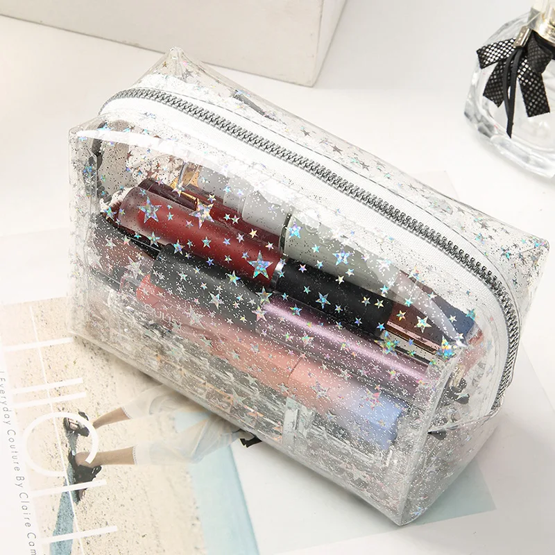 PVC transparent makeup bag for women, portable outdoor travel toiletries bag, star fashion square cosmetic storage bag