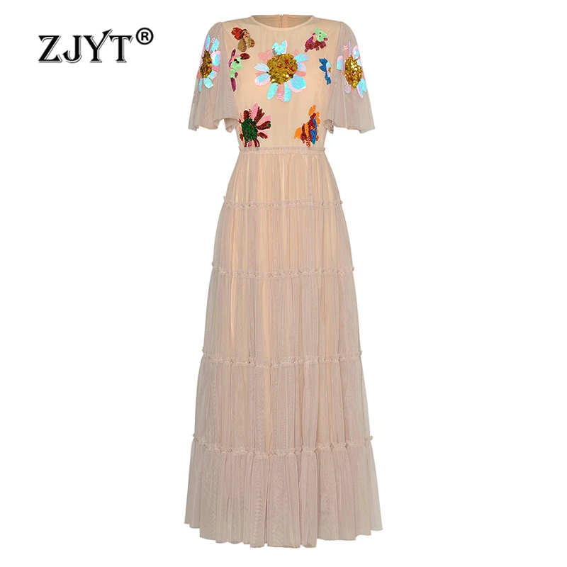 

ZJYT Luxury Sequined Floral Long Mesh Dress Women Summer 2024 Runway Designer Short Sleeve Elegant Party Maxi Dresses Black Robe