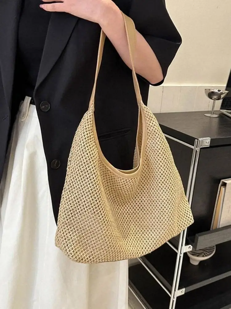 Fashion Solid Color Weave Straw Bag Bohemian Style Large Capacity Beach Handbag Tote Bag Bucket Bag Shoulder Bag Ladies