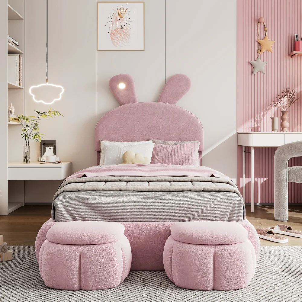 Kids Upholstered bed with Bunny Ears Adjustable Brightness storage Shocker Velvet Pink 90x200cm