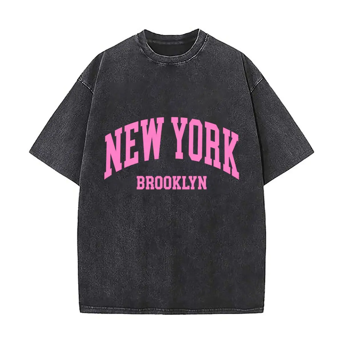 New York Brooklyn Pink Varsity Arch Typography Washed Short Sleeve Loose Streetwear Tee Hip Hop