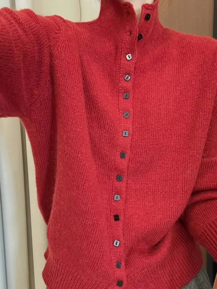 

Ele Pure Color High Collar Single Button Knitted Long Sve Sweater Faionable Simple Design Comfortable Outerwear Top