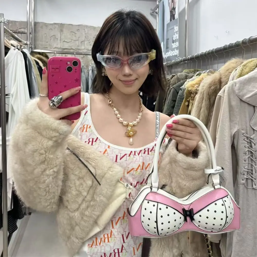 Novelty Korean Style Polka Dot Bra Shoulder Bag Bra Shape Harajuku Pink Bikini Handbag Unique Spicy Girl Underarm Bag Daily view 3