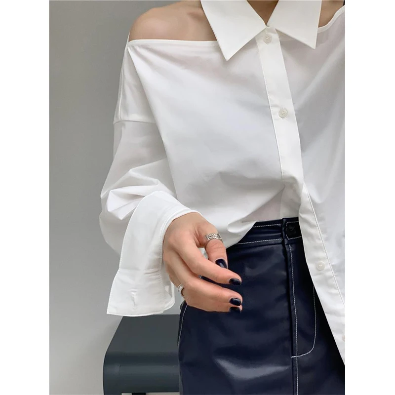 Y2K White Shirts Women Streetwear Sexy Halter Hollow Out Long Sleeve Blouse Korean Office Lady Elegant Off Shoulder Casual Tops