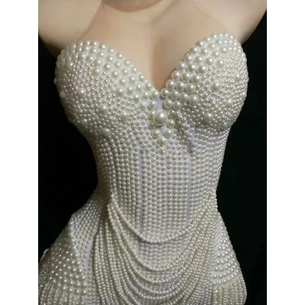 Nightclub Singer Dancer Performance Stage Wear Jazz White Beaded Pearls Tassel Women Party Bodysuits Sleeveless Mesh Jumpsuits