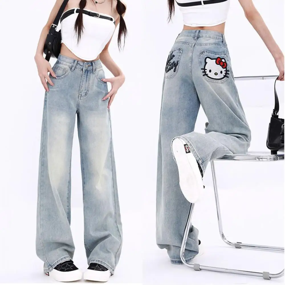 

Y2K Anime Women Jeans Hello Kitty Sanrioed Kawaii High Waist Trousers Women Japanese Style Embroidery Look Thin Student Loose