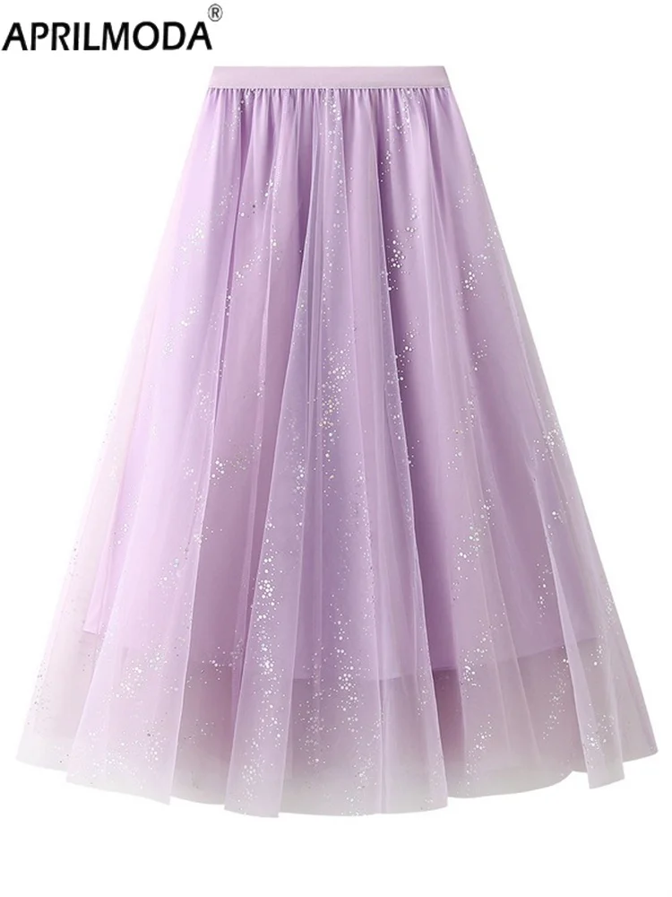 

202, женская эластичная сетчатая юбка с высокой талией и блестками, весна-лето, милые длинные тюлевые юбки-пачки средней длины, юбки трапециевидной формы