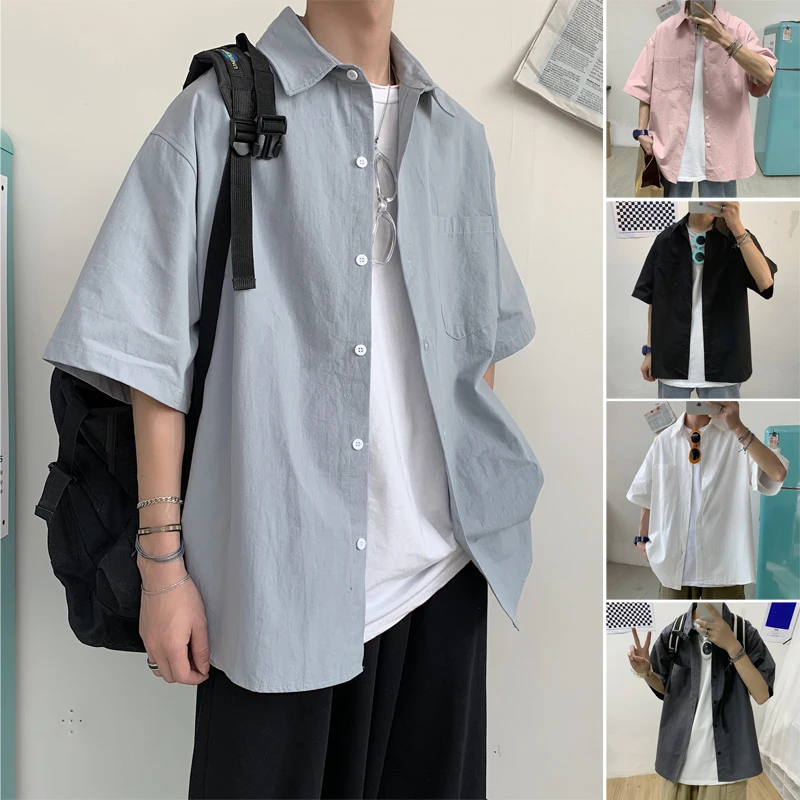 

Male Solid Color Shirts for Men Rock Hip Hop Tops Male Clothing Short Sleeve Beach Autumn and Spring Shirts Social 2024 A50