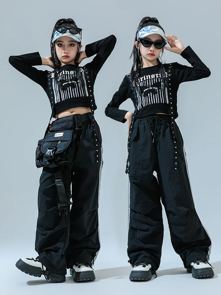 

Girls Hip Hop Dance Clothes Long Sleeves Black Tops Pants Jazz Practice Performance Clothing Kids Kpop Street Dance Wear BL13528