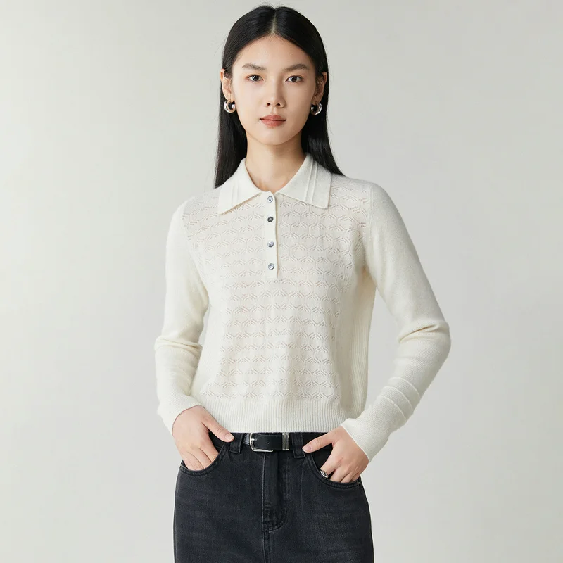 Autumn Winter New Pure Cashmere Knitwear Women's Turn-down Collar Hollow-out Base Shirt Inner Sweater for Layering