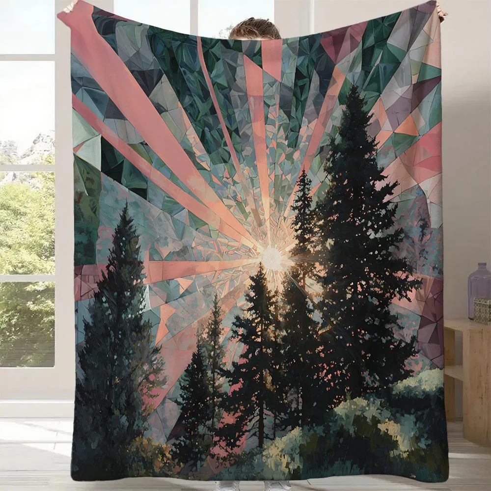 Geometric Pine Forest Blanket Sunburst Tree Mountain Throw Blankets Soft Cozy Fleece for Bed Couch Camping Gift