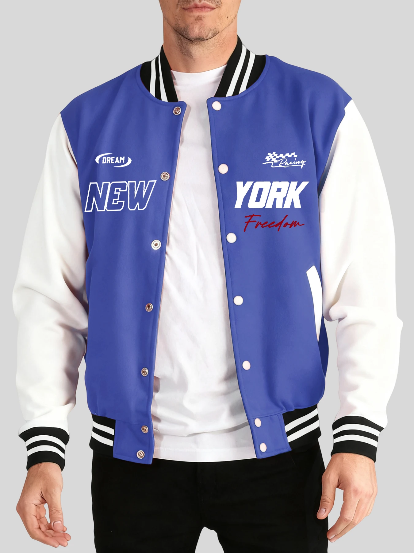 

New York Freedom Letter Creative Print Jackets Men'S Pocket Sport Baseball Uniform Loose Street Menswear Vintage Casual Veste