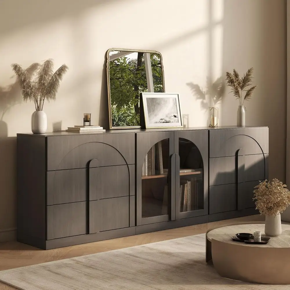 

3-Piece Sideboard Cabinet Set y Conigurable, ern Wood ular Cabinet Contain 2 3-Der Storage and Display Glass Door, Accen Storage