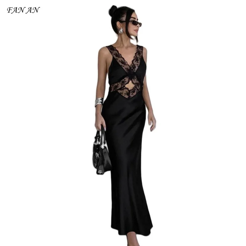 Elegant Fashion Black Lace Patchwork Halter Dress Women's Personality V-neck Wrap Hip Skirt Summer Dress Women's Skirt Set