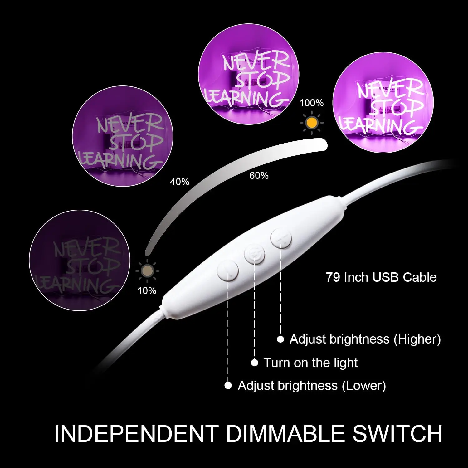 Looklight Never Stop Learning Neon Sign Purple LED Wall Decor USB Light Up Signs for Home Offices Study Rooms Classrooms Librari