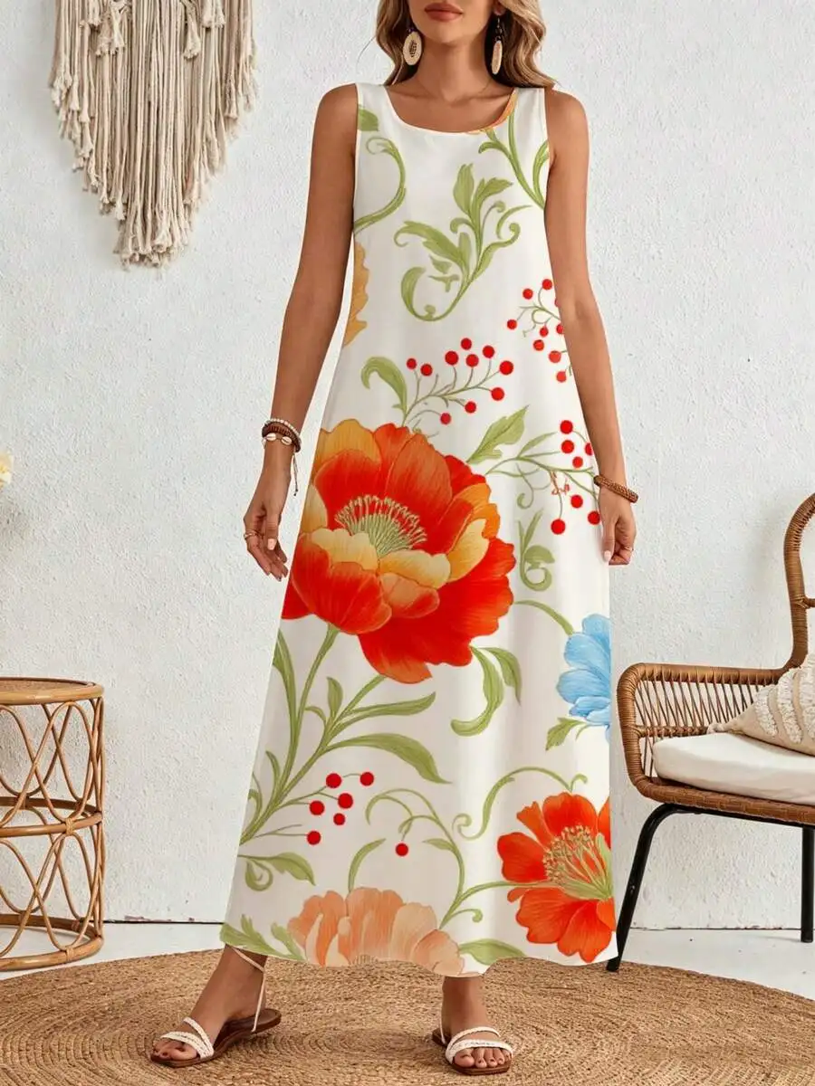 

White Sleeveless Bohemian Maxi Dress Featuring Bold Red, Orange, Blue Floral Motifs With Green Vines For Summer Beach Holidays