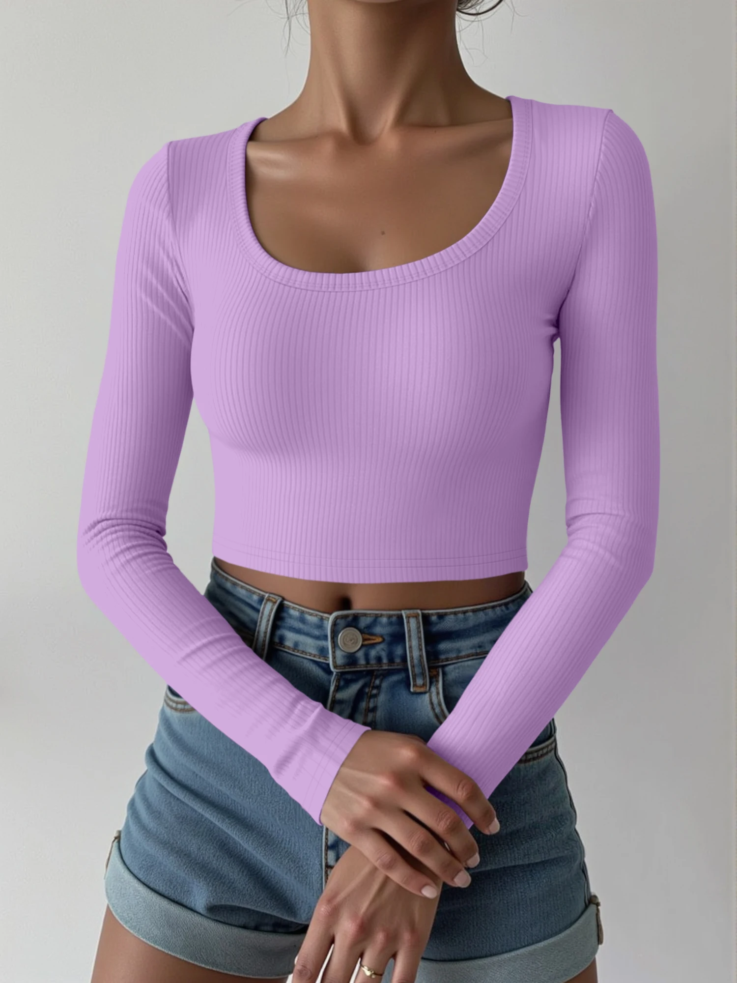 Minimalist Square Neck Ribbed Crop Top, Soft Slim Blouse for Café Brunch & City Shopping