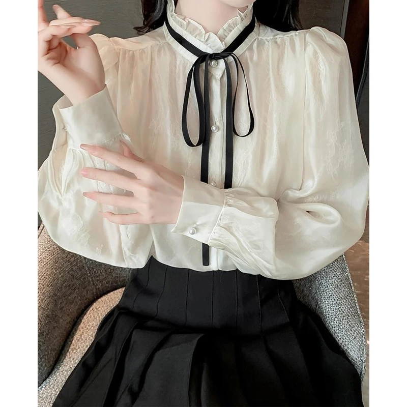 Bow Lacing Chiffon Blouse Spring Autumn New Long Sleeve Solid Color Thin Elegant Shirt Tops Temperament Korean Women Clothing