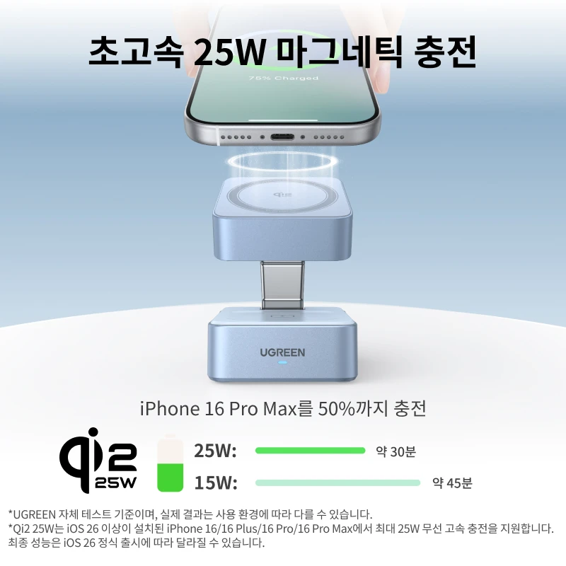 유그린 Qi2.2 25W 15W 2-in-1 마그네틱 무선 충전 스탠드 고속 충전 스탠드 충전기 아이폰 16 17/에어팟 마그플로우 충전기용 썸네일 2