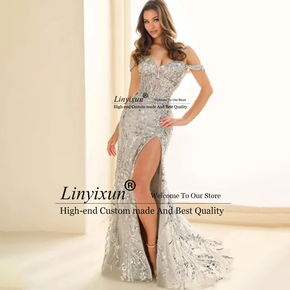 

Sparkly Glitter Prom Dresses for Women Side Slit Mermaid Evening Party Gowns Customized Off the Shoulder robes de soirée