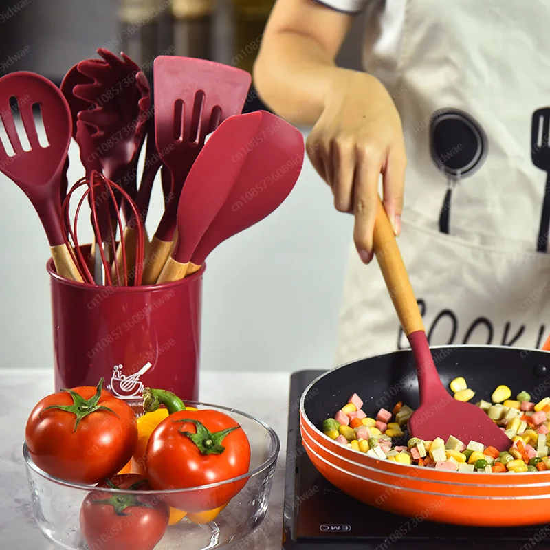 12-Piece silicone cookware set with wooden handle non-stick frying pan scraper baking storage bucket kitchen tools